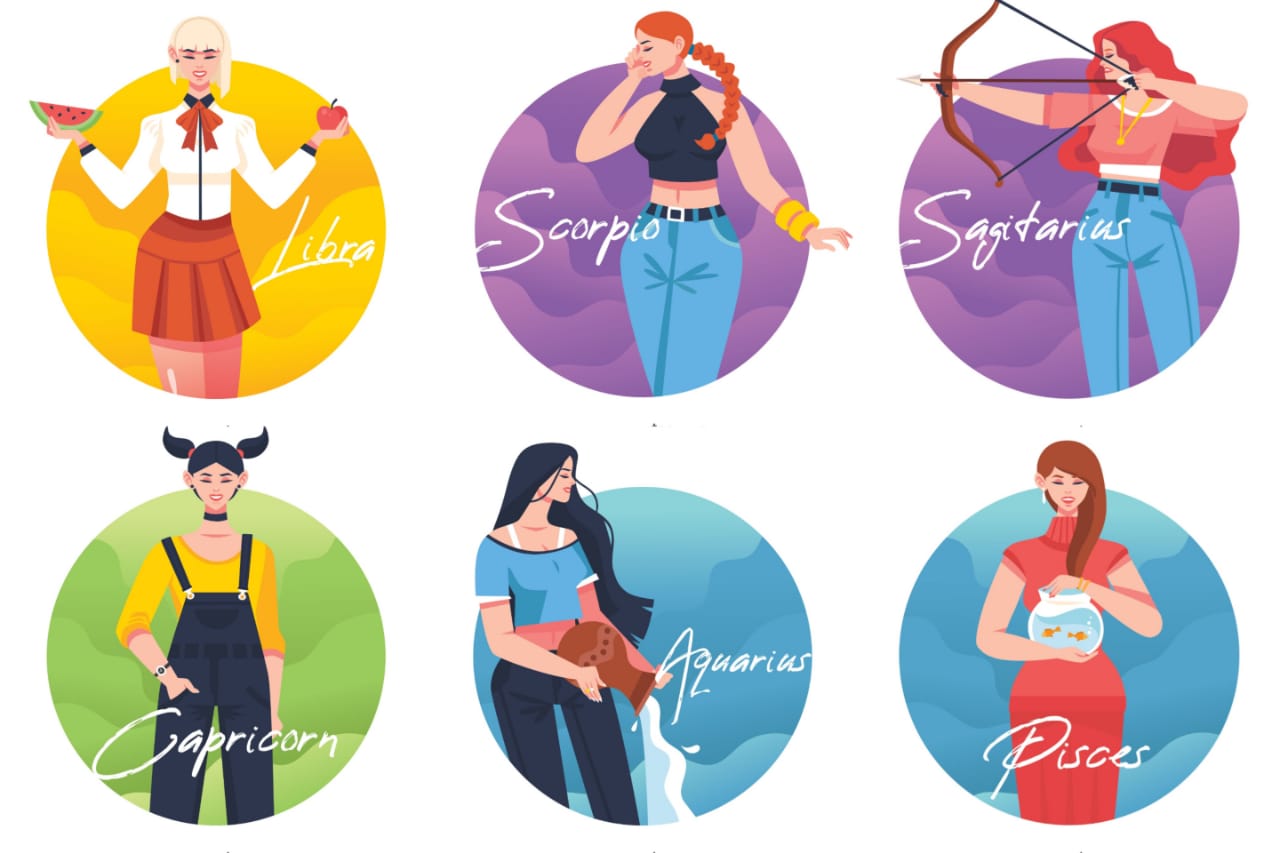 ilustrasi zodiak Libra, Scorpio, Sagitarius, Capricorn, Aquarius, dan Pisces. - Image