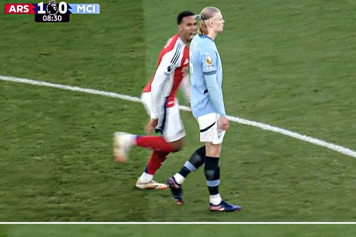 Selebrasi Gabriel di depan muka Haaland setelah Odegaard mencetak gol cepat untuk Arsenal. (X.com/@ESPNFC) - Image