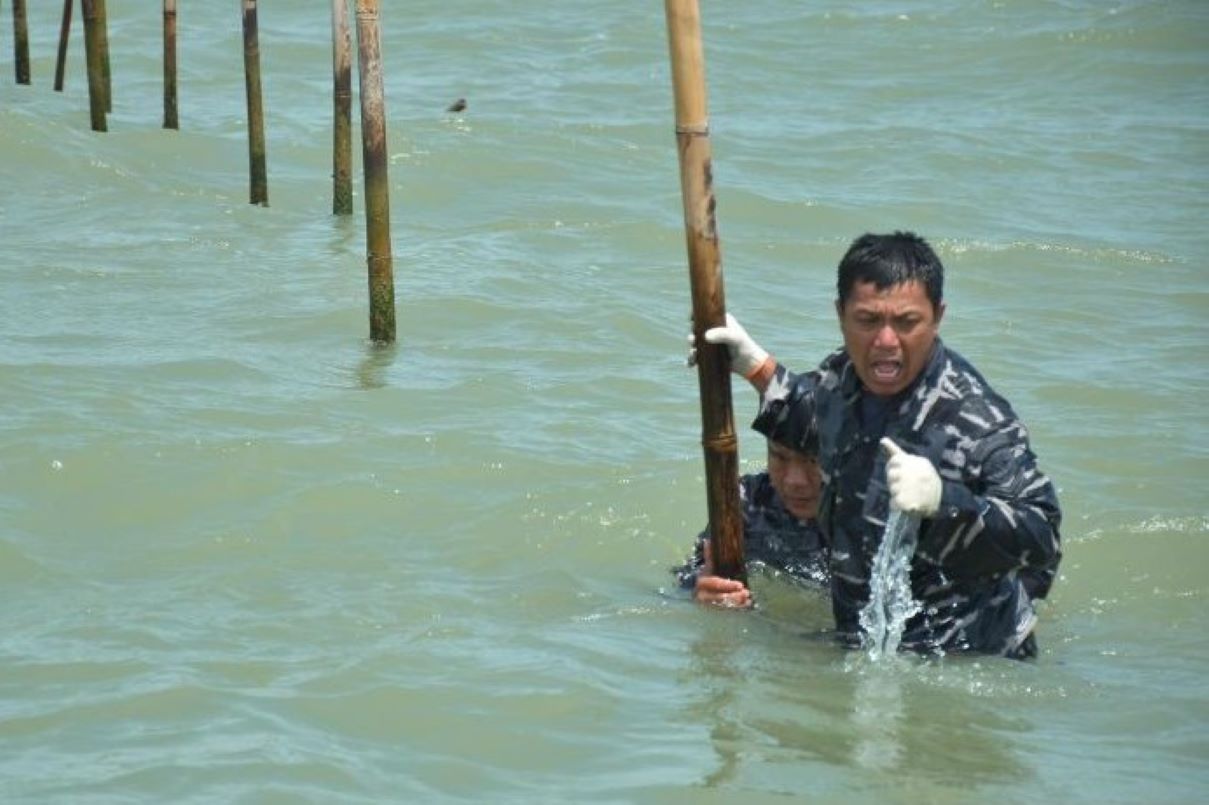 Personel TNI AL membongkar pagar laut yang ada di kawasan Banten. (Humas TNI AL/Antara) - Image