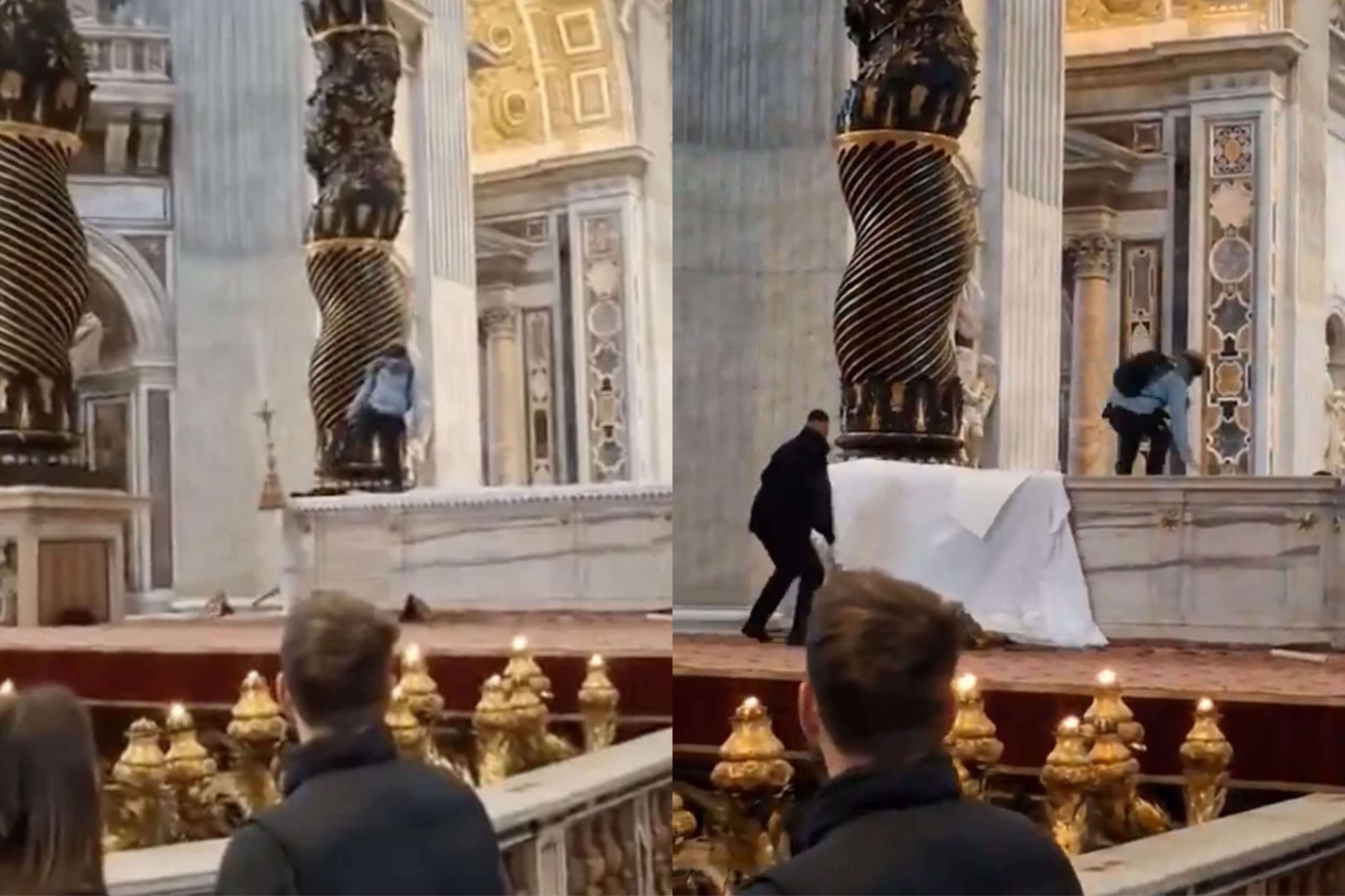 Pria asal Rumania yang merusak altar di Gereja Basilika Santo Petrus, Vatikan, terekam dalam video yang beredar di media sosial. (X/@boujoumapoule) - Image