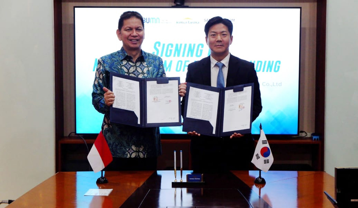Penandatangan Nota Kesepahaman (MoU) antara PT Kimia Farma Tbk menandatangani Nota Kesepahaman (MoU) Samsung Pharm terkait penyediaan fasilitas produksi suplemen kesehatan. (Istimewa). - Image