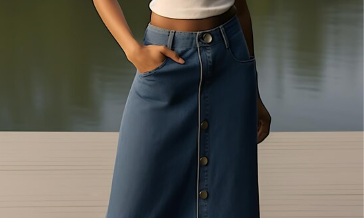 Ilustrasi Rok midi denim dengan crop top putih/freepik - Image