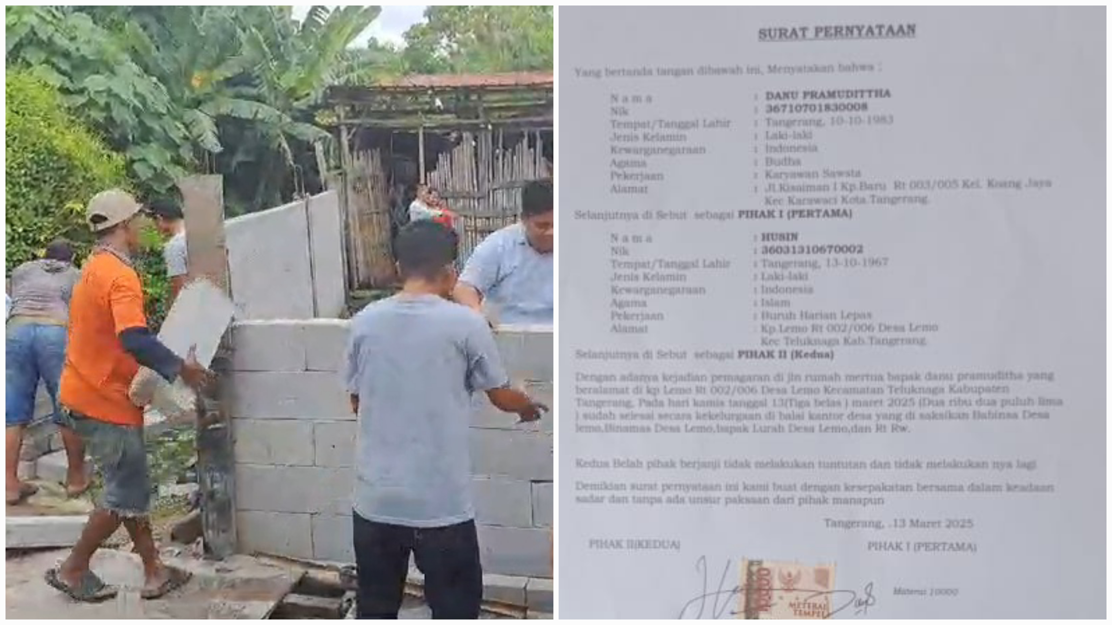 Tembok yang menghalangi akses rumah seorang lansia di kampung Lemo RT 02 RW 06, Teluknaga, Kabupaten Tangerang, akhirnya dibongkar usai dilakukan mediasi. (Istimewa) - Image
