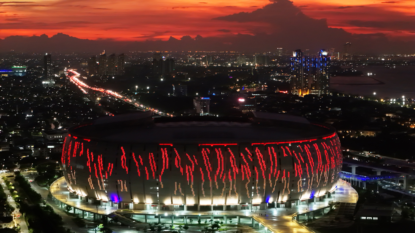 Foto udara Jakarta International Stadium (JIS) di Tanjung Priok, Jakarta, Senin (15/4/2024). (Dery Ridwansah/ JawaPos.com) - Image
