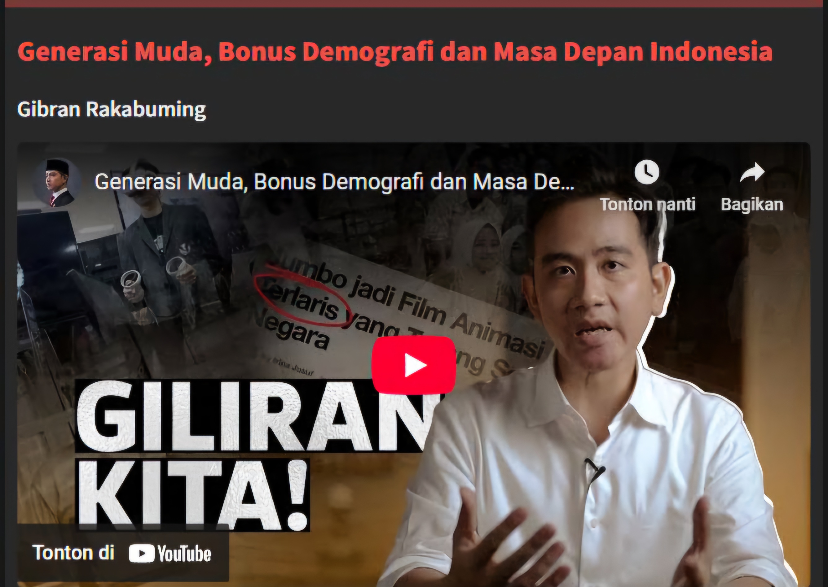 Tangkapan layar video YouTube Wapres Gibran ramai dihujat netizen. (YouTube). - Image