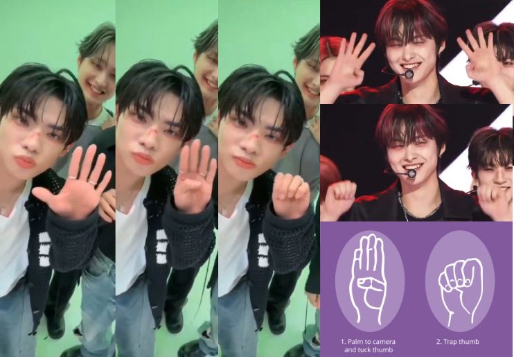 Minseo (kiri) dan Hanbin Fantasy Boys menggunakan isyarat internasional untuk meminta tolong./X @binisticc & Wikipedia - Image