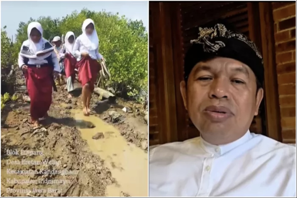 Gubernur Jawa Barat Dedi Mulyadi menanggapi video viral siswa SD melintasi jalan rusak di Indramayu. (Foto kolase: Tiktok @bellatyangalit dan Instagram @dedimulyadi71) - Image