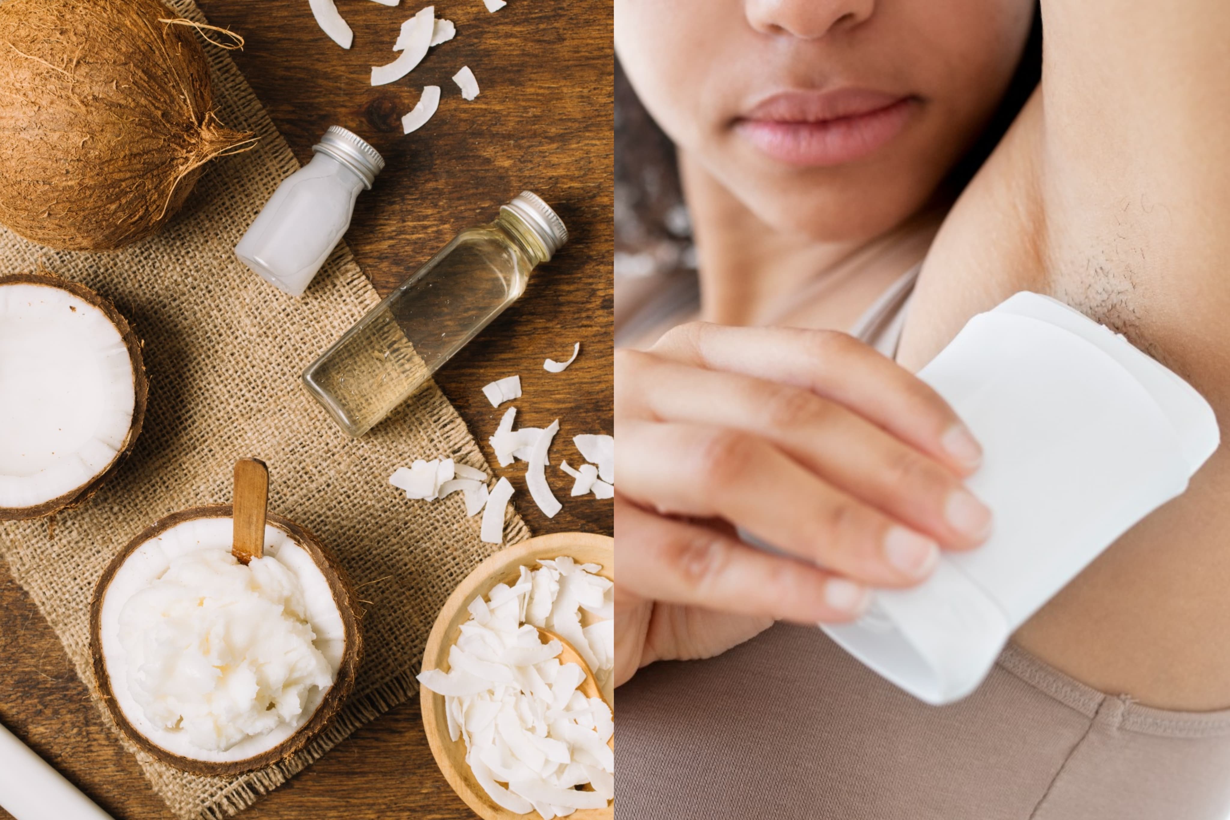 Ilustrasi minyak kelapa yang merupakan salah satu bahan deodoran alami dan penggunaan deodoran alami pada ketiak. (Freepik) - Image