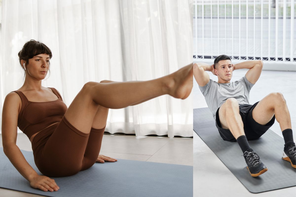 ILUSTRASI: Gerakan sitting leg ups (kiri) dan crunches biasa (kanan) untuk mengencangkan perut. (Freepik) - Image