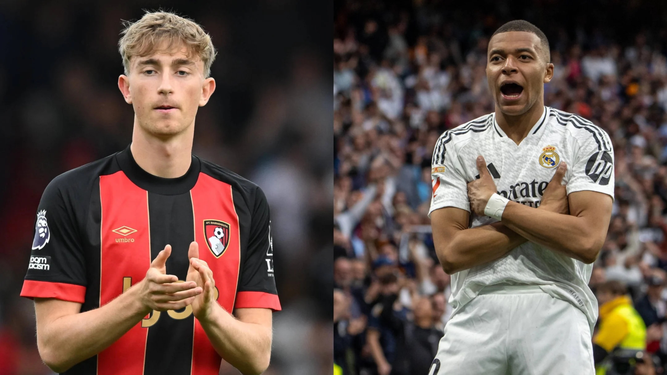 Dean Huijsen (kiri) dan Kylian Mbappe. (Dok. IMAGO/Pro Sports Images, Zuma Press Wire) - Image
