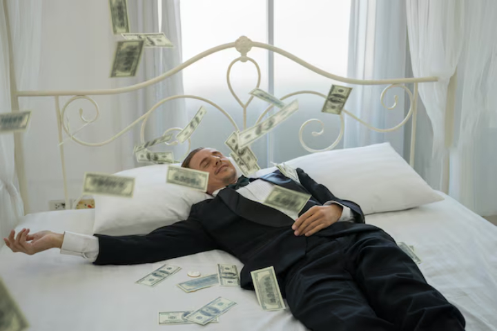 seseorang yang tidur nyenyak tertimbun uang banyak./Freepik. - Image