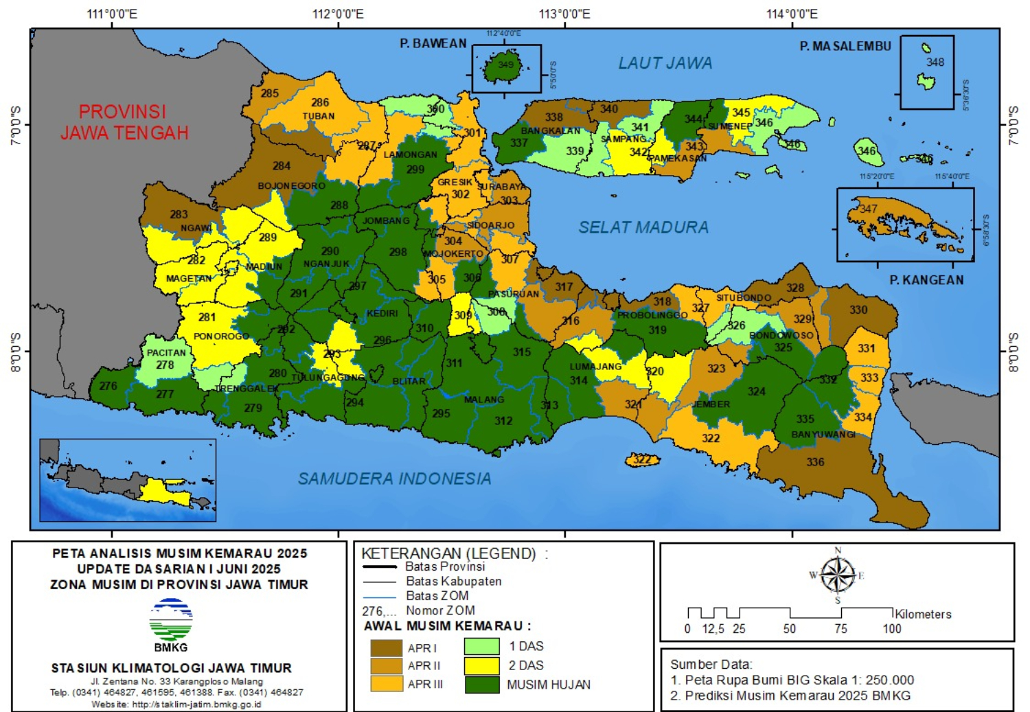 Peta analisis kemarau di Jawa Timur per 1 Juni 2025. Warna cokelat menunjukkan wilayah yang masuk kemarau sejak April dasarian I, hijau menandakan wilayah yang masih alami musim hujan. (BMKG Juanda) - Image