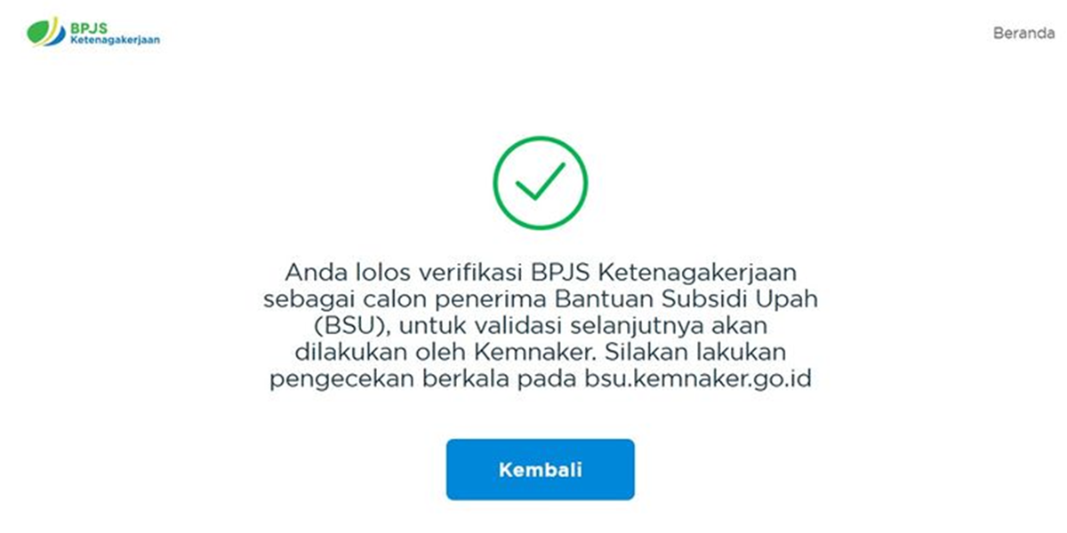 Pemberitahuan lolos verifikasi BSU tahap 2 (Tangkap layar BPJS Ketenagakerjaan) - Image