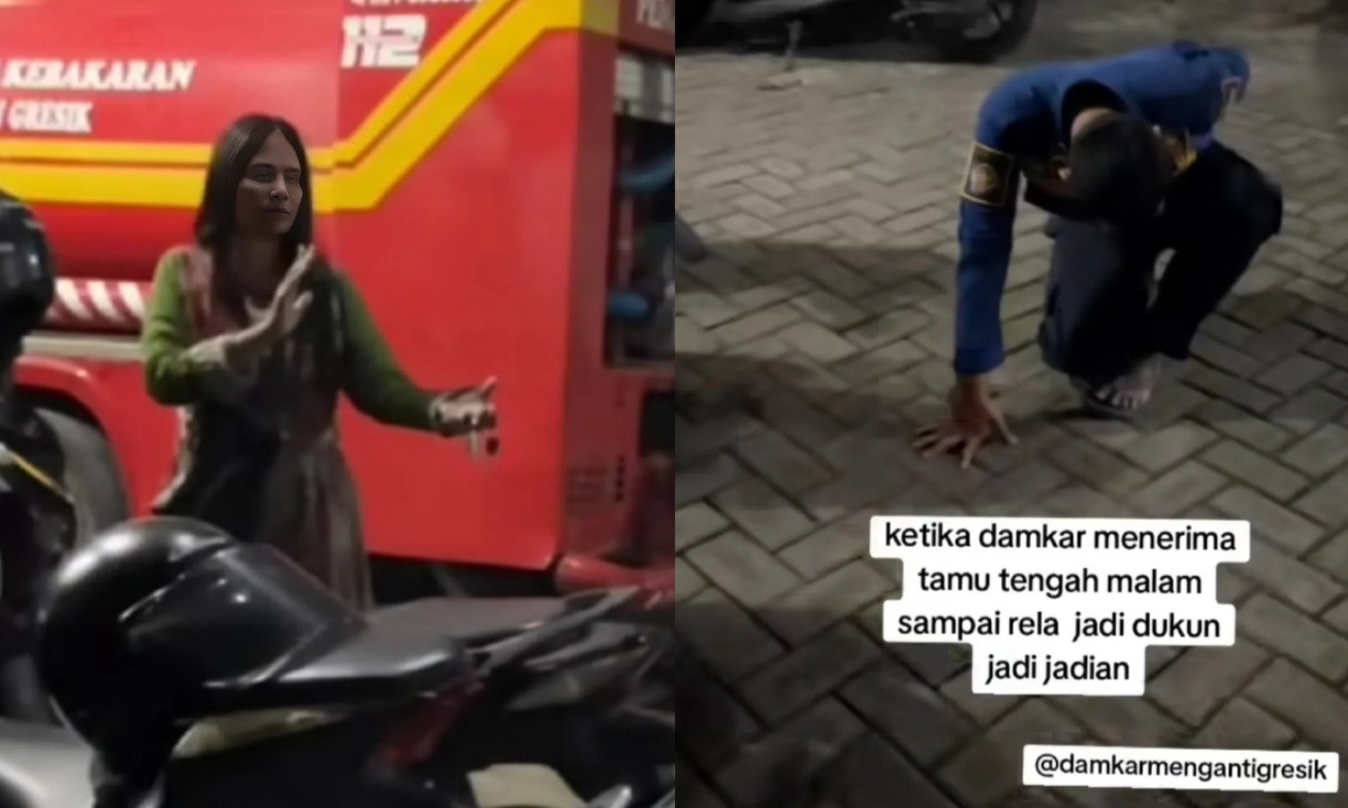 Momen seorang wanita mendatangi Pos Damkar Kabupaten Gresik Pos Menganti untuk meminta bantuan mengusir ular siluman yang tengah membuntutinya. (Instagram @ely_fitmom) - Image