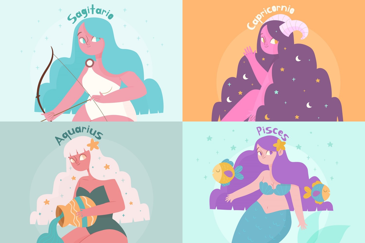 ilustrasi zodiak Sagitarius, Capricorn, Aquarius, dan Pisces. Sumber foto: Freepik - Image