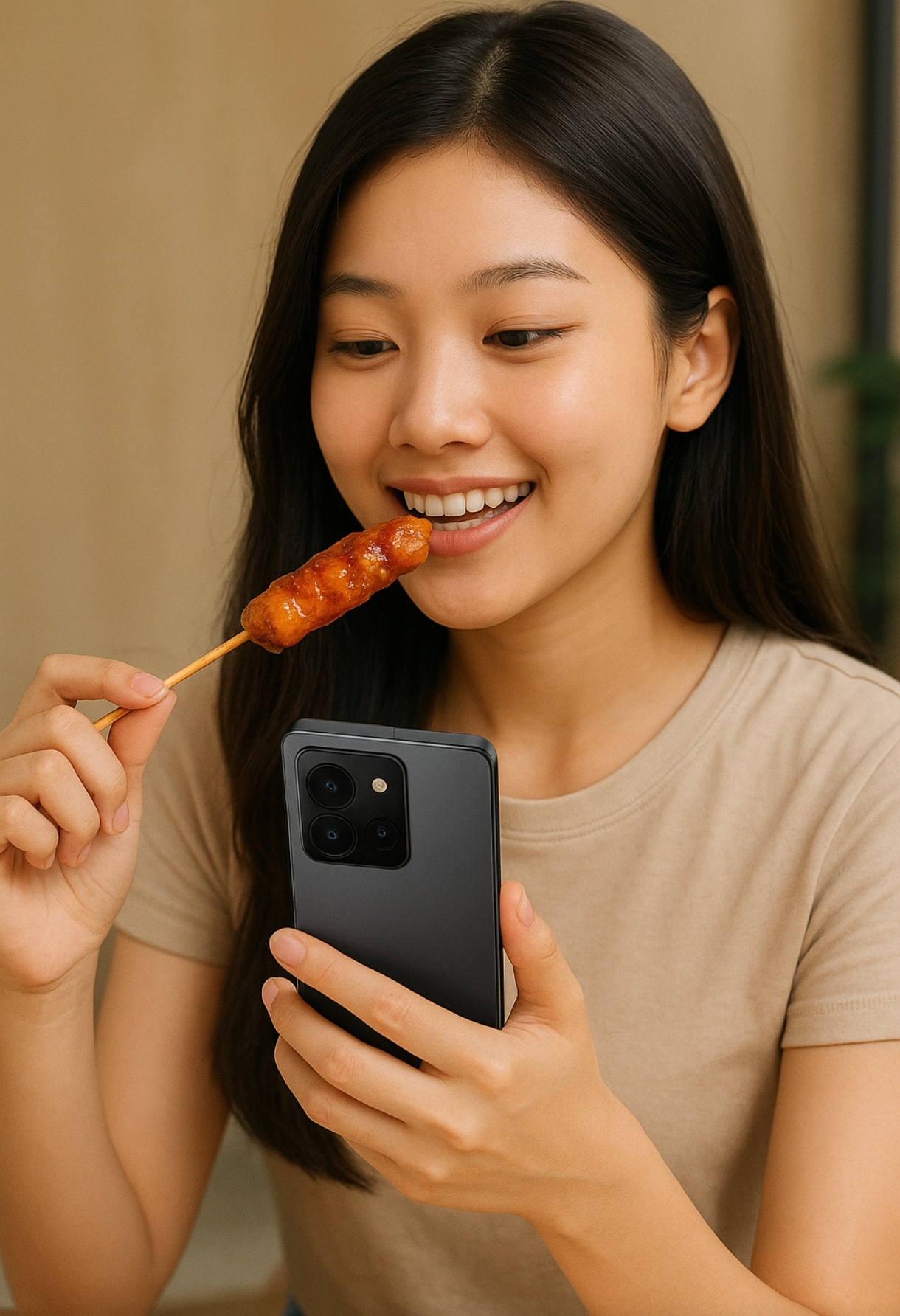 Ilustrasi seorang perempuan makan sambil bermain ponsel. (Freepik) - Image