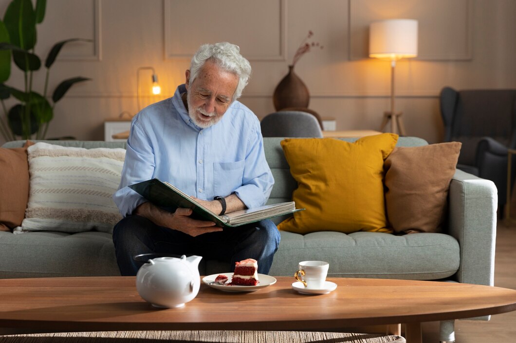 Ilustrasi seorang kakek yang tersenyum tenang sambil membaca buku di sofa pada malam hari, dengan lampu baca yang menyala./Freepik - Image