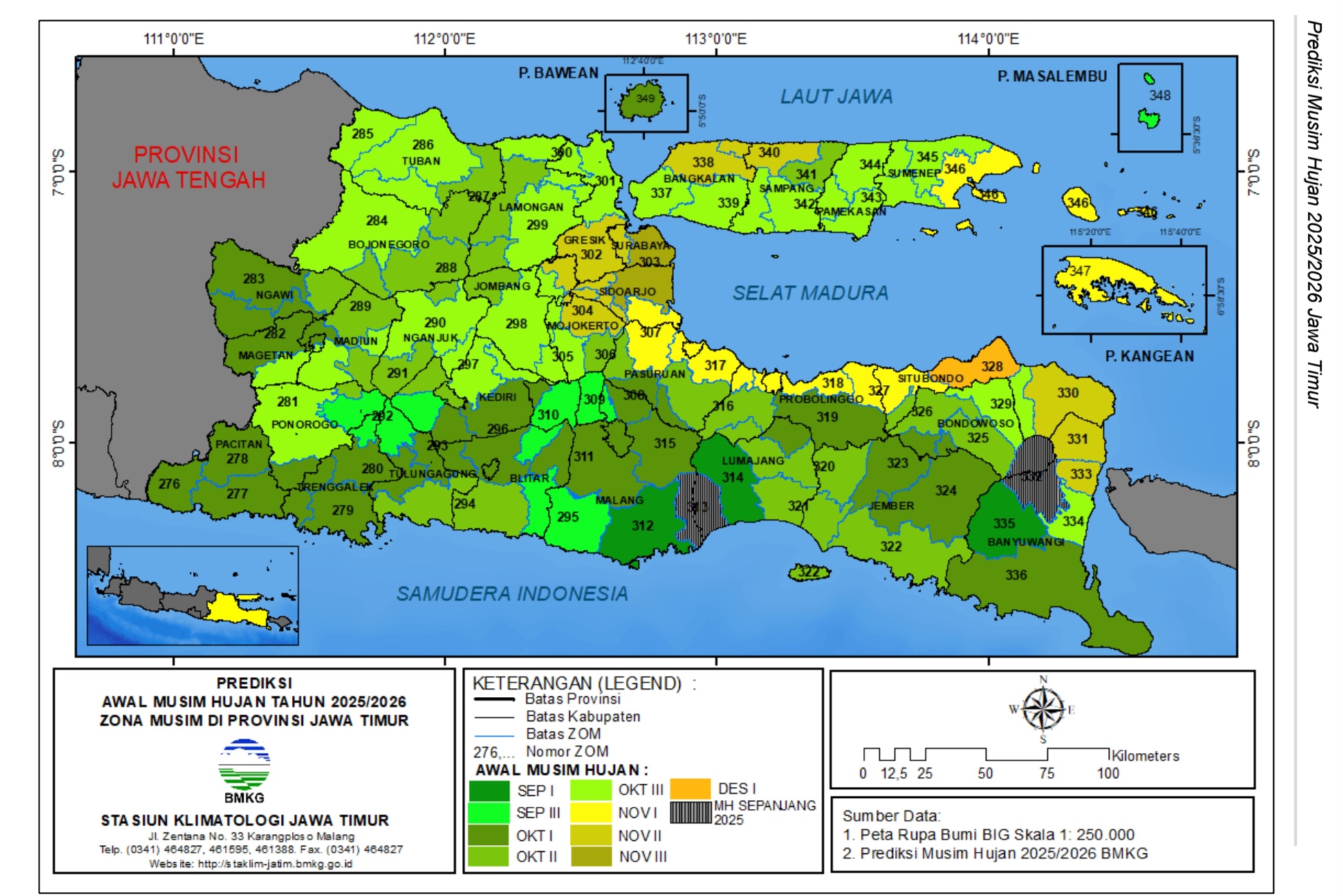 Peta prediksi awal musim hujan di Provinsi Jawa Timur. (Dokumentasi BMKG Jatim) - Image