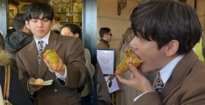 Makan Croissant Pistachio dengan Nikmat setelah Paris Fashion Week, Nama V BTS Viral - Image