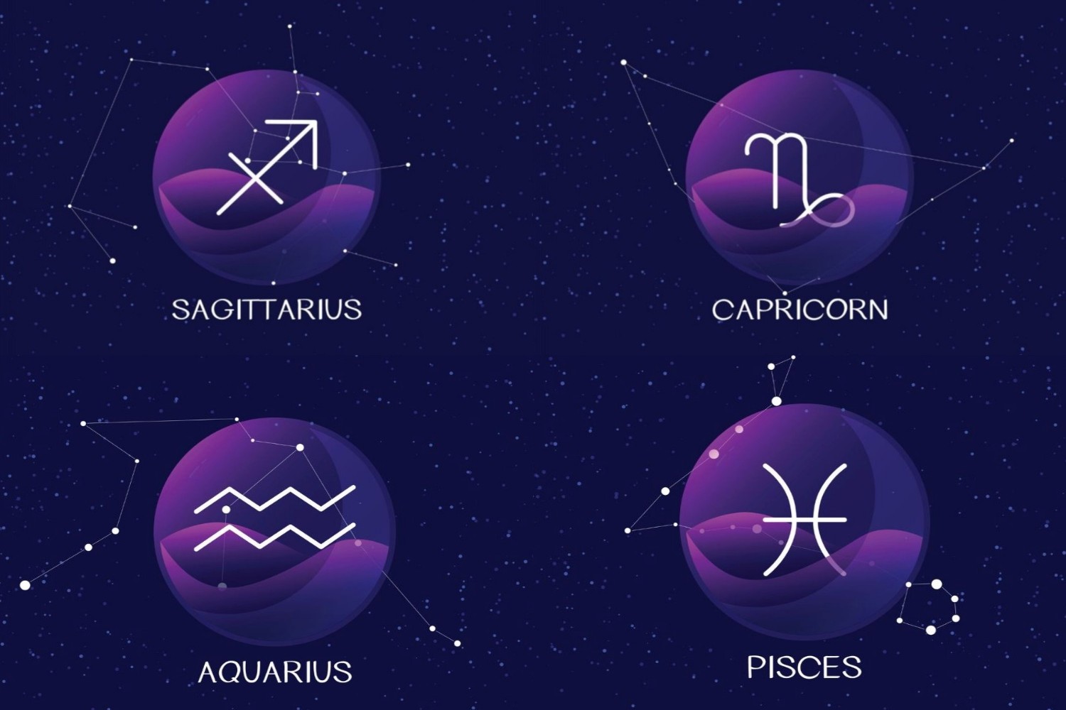 ilustrasi zodiak Sagitarius, Capricorn, Aquarius, dan Pisces. (freepik) - Image