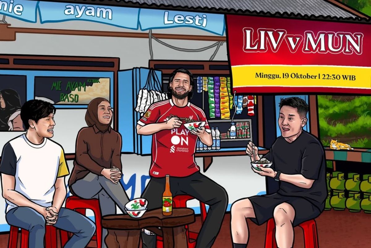 Ilustrasi karya Maulana Ibnu Wildan yang dibagikan Dominik Szoboszlai menampilkan suasana warung khas Indonesia dengan detail lokal yang kental. (Instagram @szoboszlaidominik) - Image