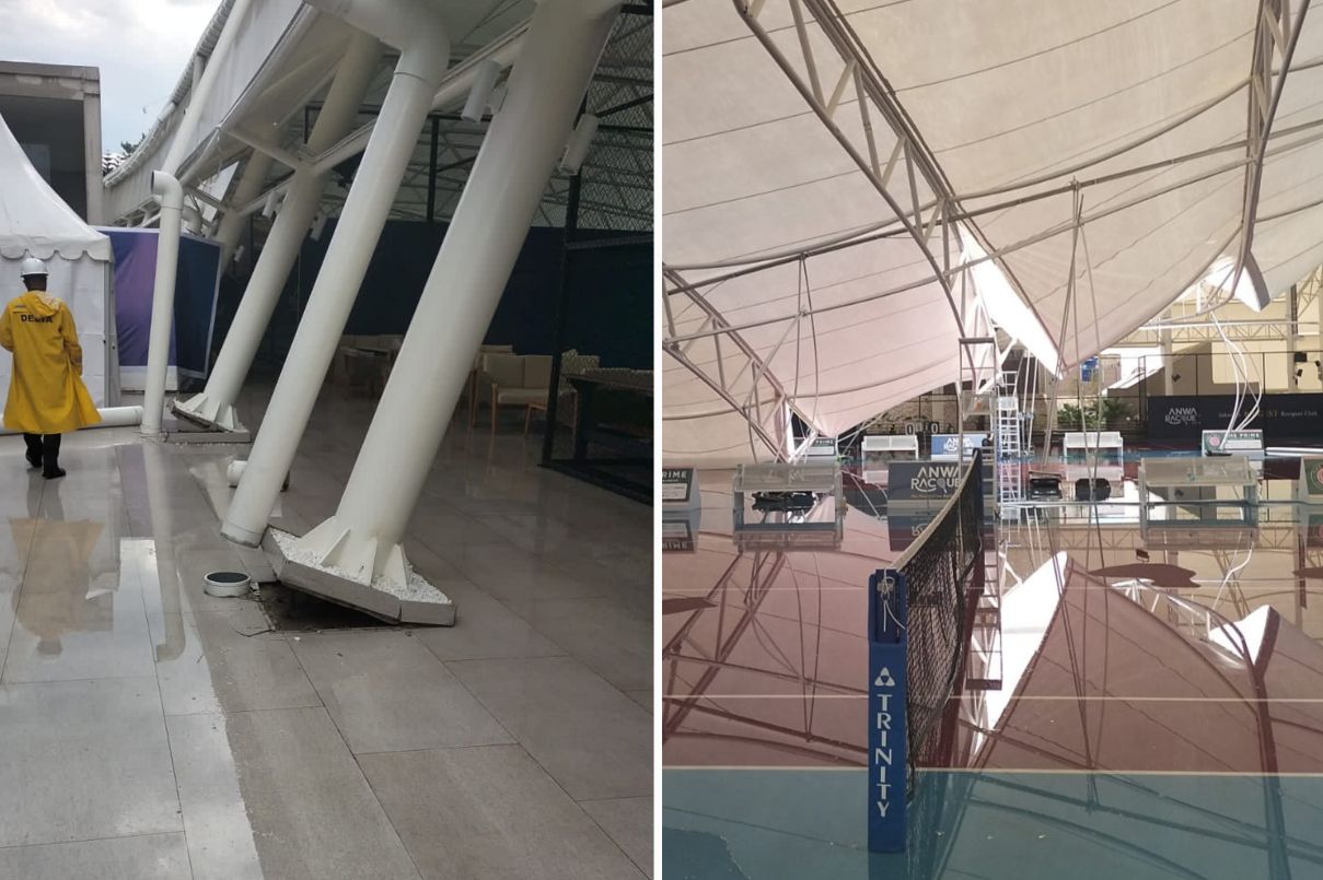 Rangka atap lapangan tenis Anwa Racquet Club di Jalan Taman Palem Raya, Meruya Selatan, Kembangan, roboh, Minggu (26/10). (Istimewa) - Image