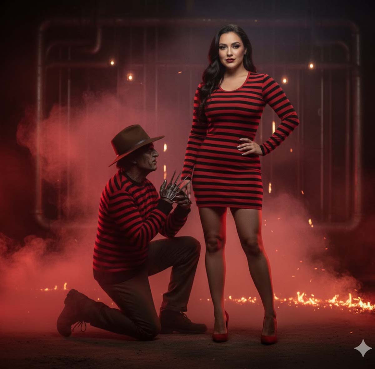 Hasil prompting foto bareng dengan Freedy Krueger untuk Halloween menggunakan nano banana. (Dhimas Ginanjar/Nano Banana)