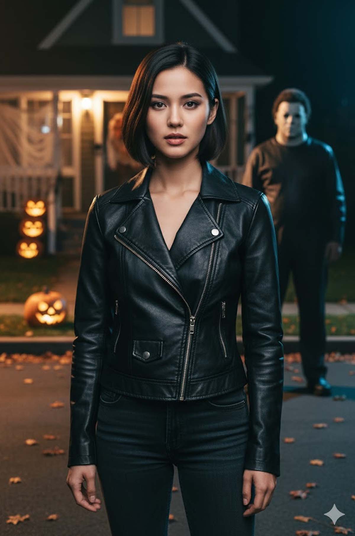 Hasil prompting foto bareng dengan Michael Myers untuk Halloween menggunakan nano banana. (Dhimas Ginanjar/Nano Banana)