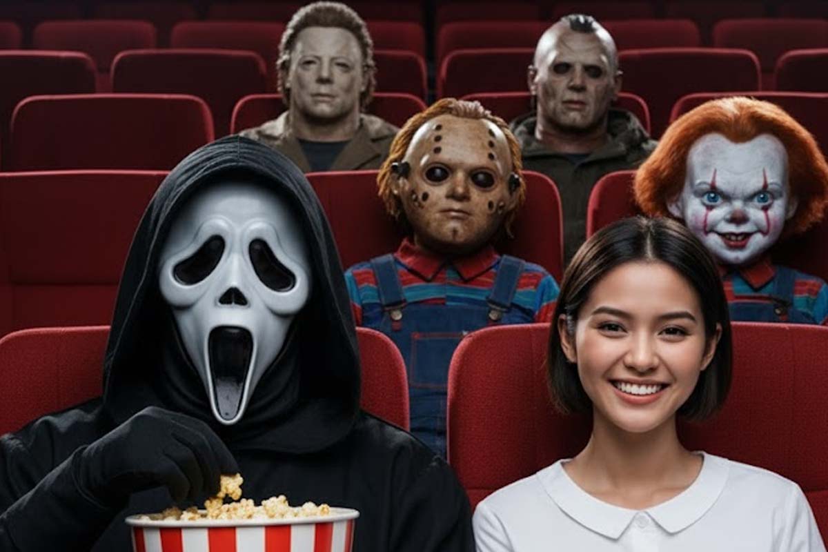 Hasil prompting nonton bareng dengan tokoh film horor untuk Halloween menggunakan nano banana. (Dhimas Ginanjar/Nano Banana)