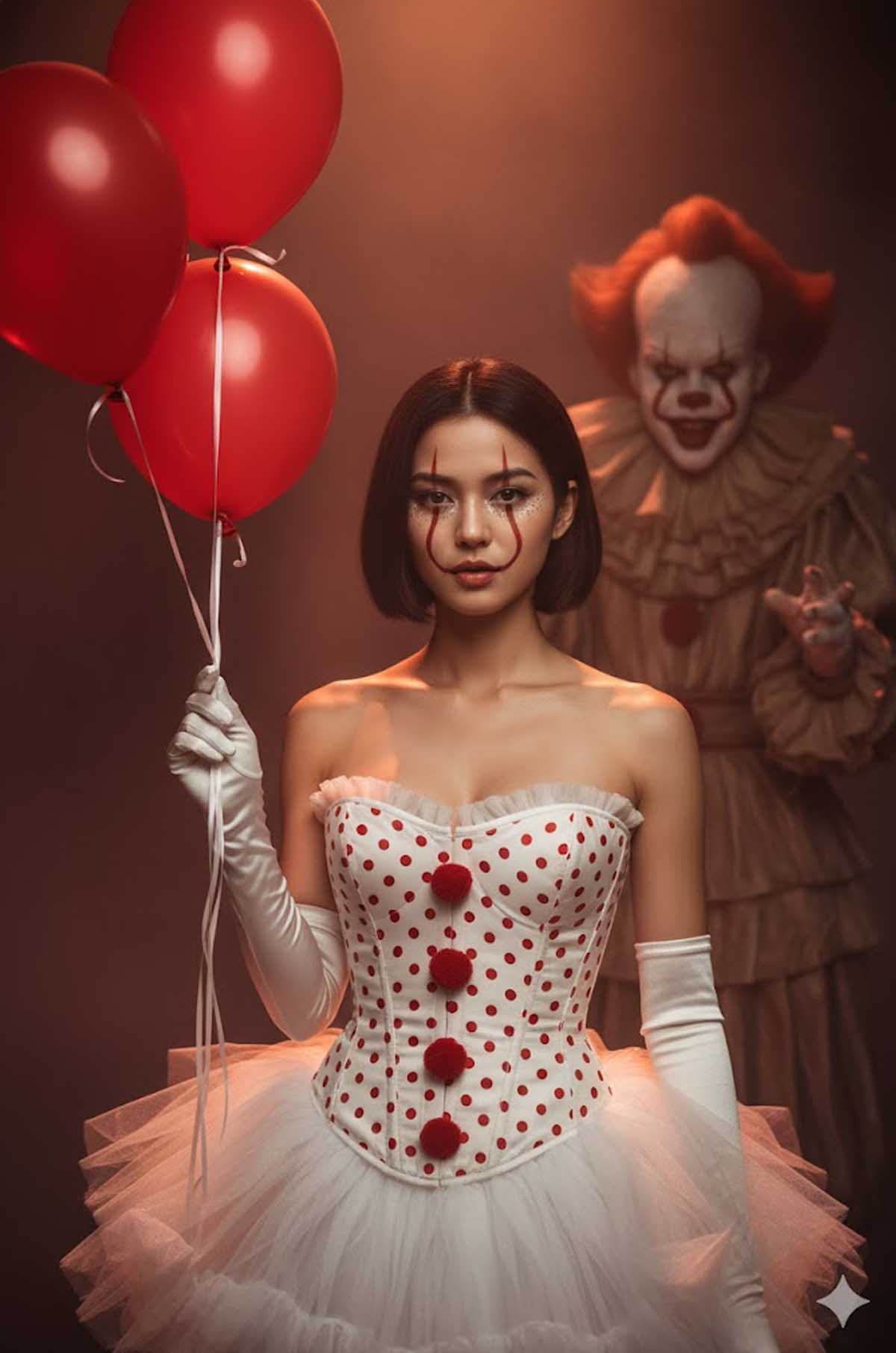Hasil prompting bergaya dengan sosok Pennywise di film I.T untuk Halloween menggunakan nano banana. (Dhimas Ginanjar/Nano Banana)