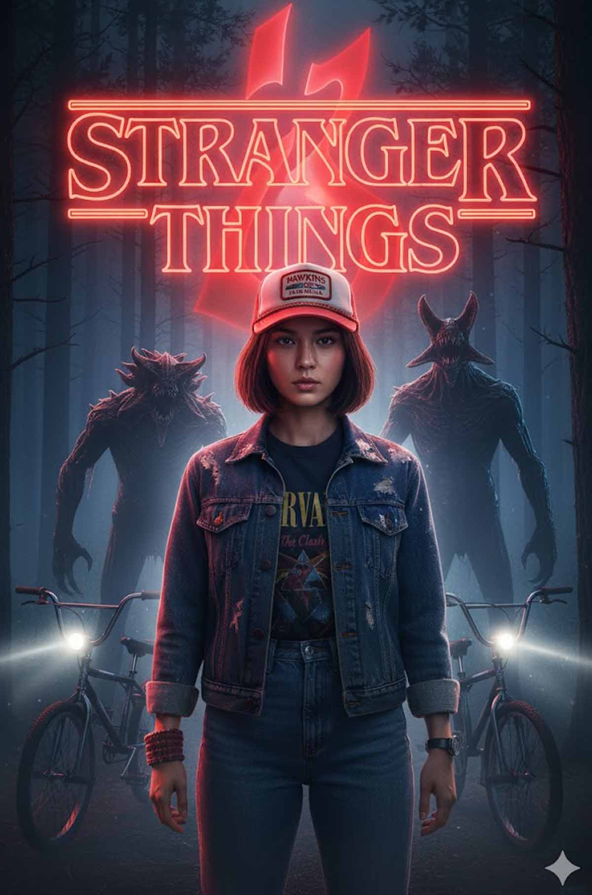 Hasil prompting ala poster Stranger Things untuk Halloween menggunakan nano banana. (Dhimas Ginanjar/Nano Banana)