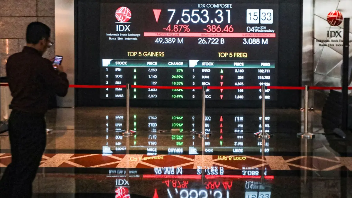 Karyawan berada di depan layar digital pergerakan Indeks Harga Saham Gabungan (IHSG) di Bursa Efek Indonesia, Jakarta, Rabu (4/3/2026). (Salman Toyibi/Jawa Pos)