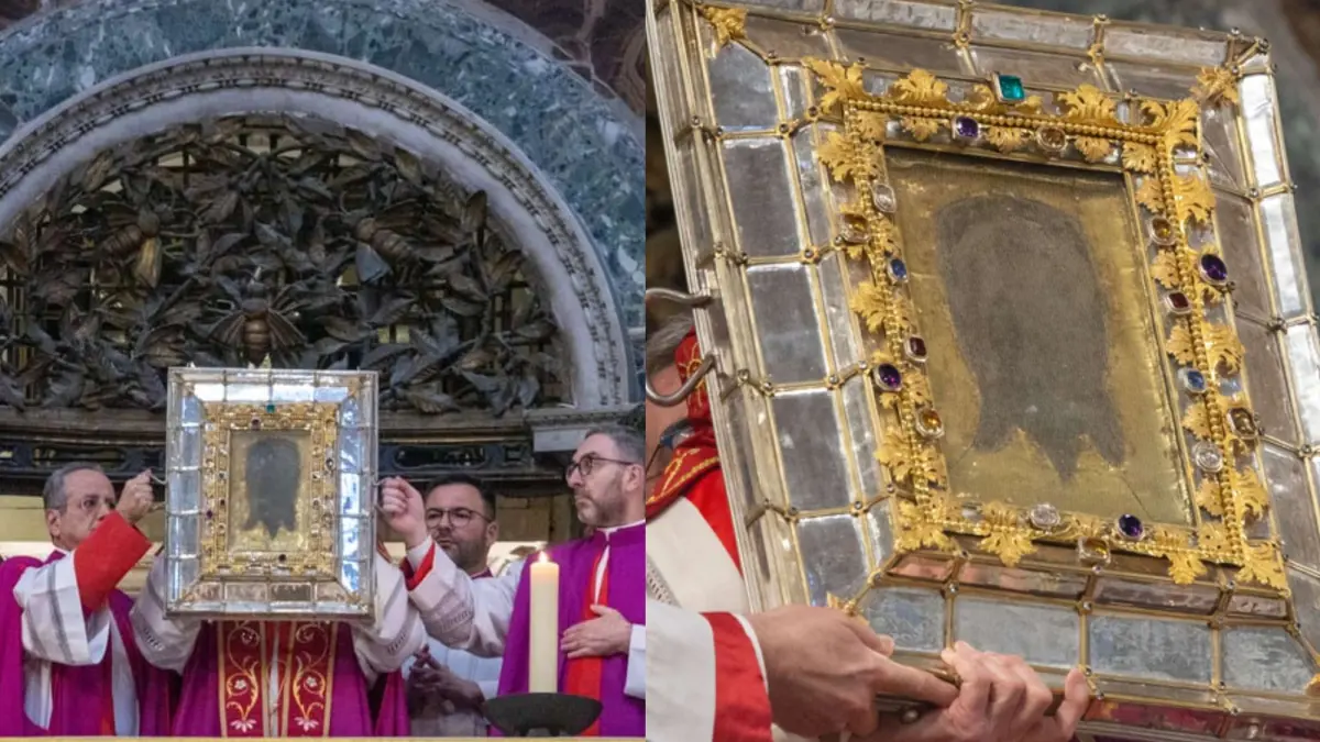 Relikui kerudung Veronika ditampilkan di Basilika Santo Petrus pada Minggu Kelima Prapaskah (ChurchPop) - Image