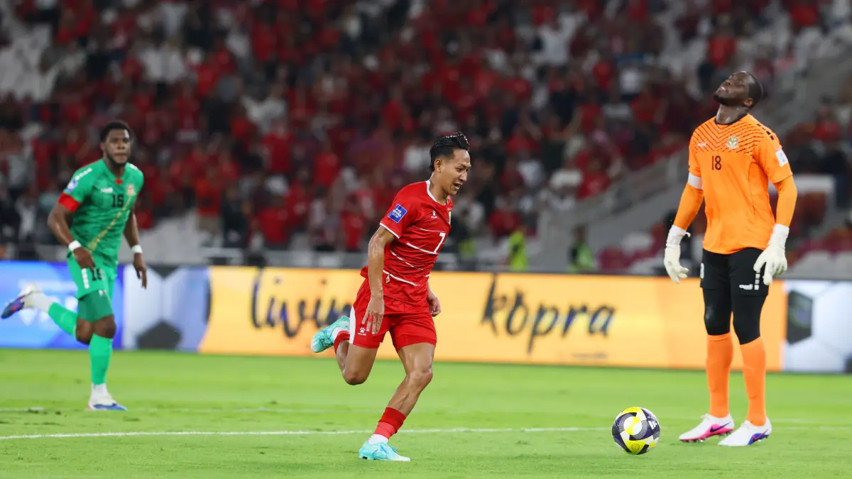 Moment gol dari Beckham Putra ke gawang Saint Kitts & Nevis dalam laga FIFA Series 2026 di Stadion Utama Gelora Bung Karno, Jakarta, Jumat (27/3/2026). (Dery Ridwansah/ JawaPos.com)