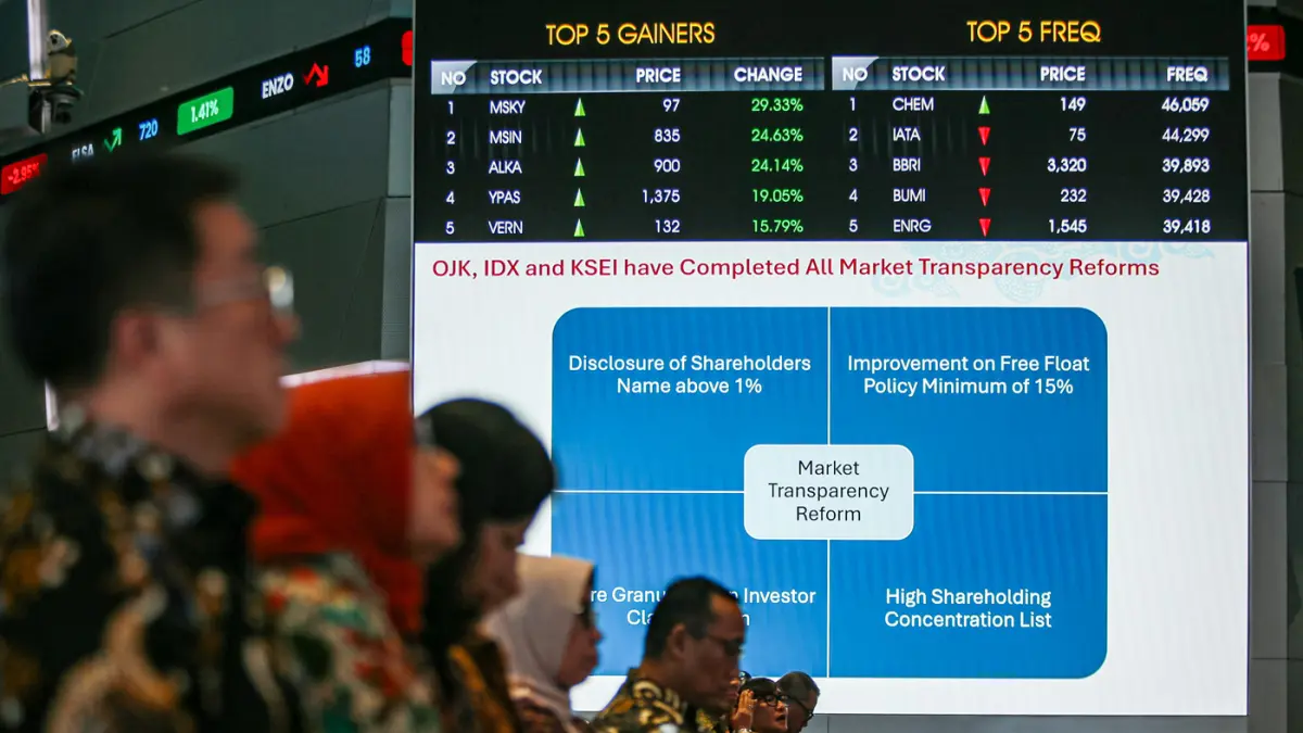 Suasana Sosialisasi Capaian Reformasi Transparansi Pasar Modal Indonesia di Main Hall Bursa Efek Indonesia, Jakarta, Kamis (2/4/2026). (Salman Toyibi/Jawa Pos)