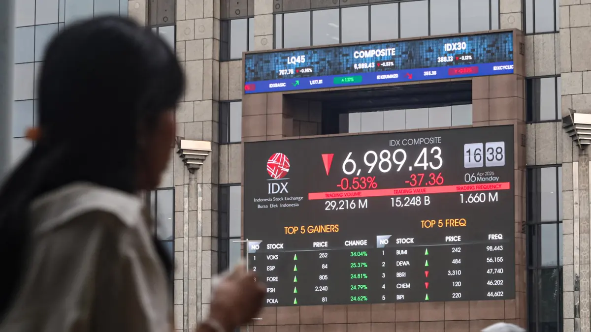 Papan informasi data saham Gedung BEI, Jakarta, Senin (6/4/2026). (Salman Toyibi/Jawa Pos)