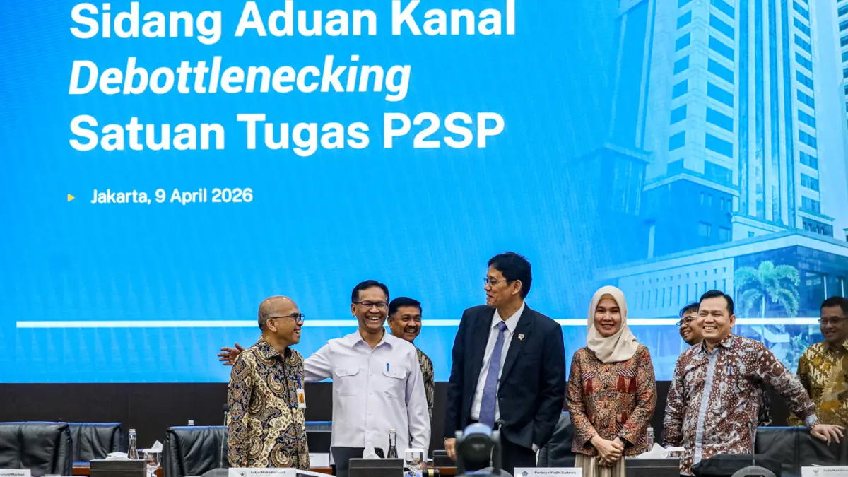 Menteri Keuangan Purbaya Yudhi Sadewa memimpin Sidang Aduan Kanal Debottlenecking Satuan Tugas P2SP di Jakarta, Kamis (9/4/2026). (Salman Toyibi/Jawa Pos)