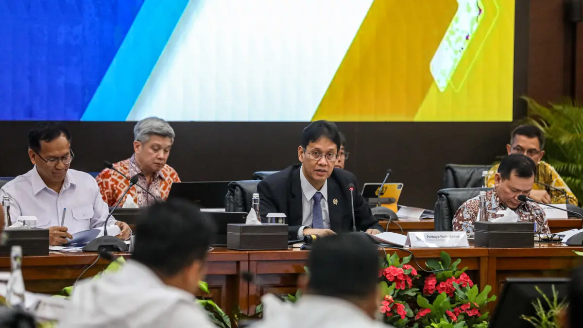 Menteri Keuangan Purbaya Yudhi Sadewa memimpin Sidang Aduan Kanal Debottlenecking Satuan Tugas P2SP di Jakarta, Kamis (9/4/2026). (Salman Toyibi/Jawa Pos)