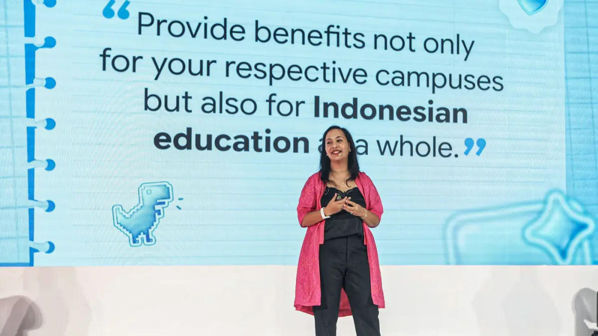 Country Marketing Manager Muriel Google Indonesia memberi sambutan saat Inagurasi Google Student Ambassador di Jakarta, Kamis (23/04/2026). (Hanung Hambara/Jawa Pos)