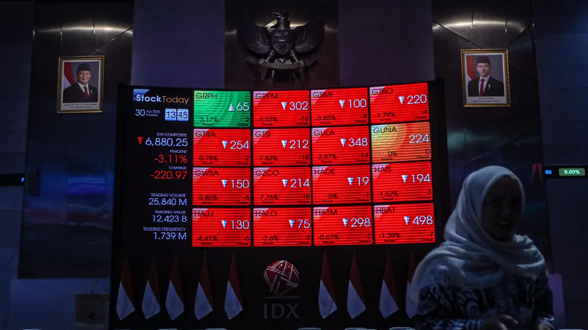 Layar menampilkan pergerakan Indeks Harga Saham Gabungan (IHSG) di Bursa Efek Indonesia, Jakarta, Kamis (30/4/2026). (Salman Toyibi/Jawa Pos)