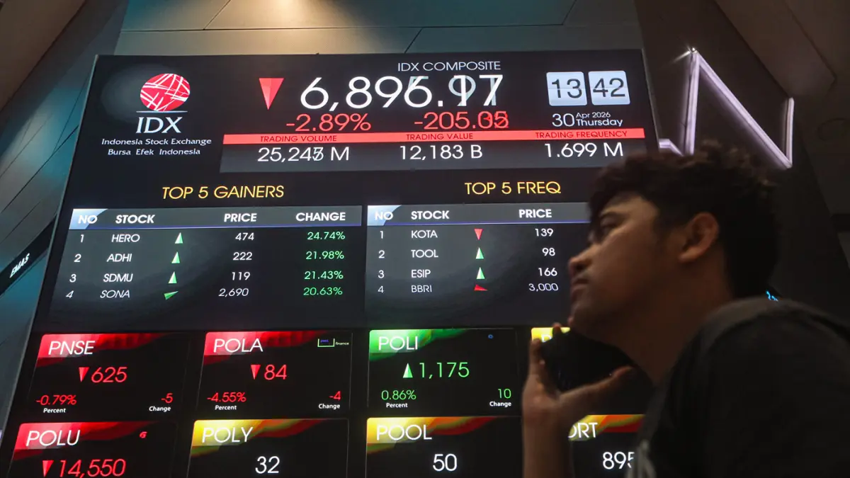 Layar menampilkan pergerakan Indeks Harga Saham Gabungan (IHSG) di Bursa Efek Indonesia, Jakarta, Kamis (30/4/2026). (Salman Toyibi/Jawa Pos)