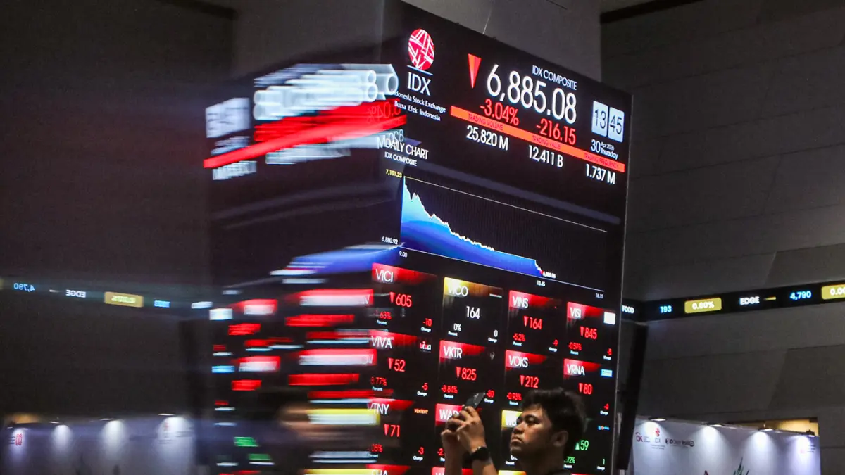 Layar menampilkan pergerakan Indeks Harga Saham Gabungan (IHSG) di Bursa Efek Indonesia, Jakarta, Kamis (30/4/2026). (Salman Toyibi/Jawa Pos)