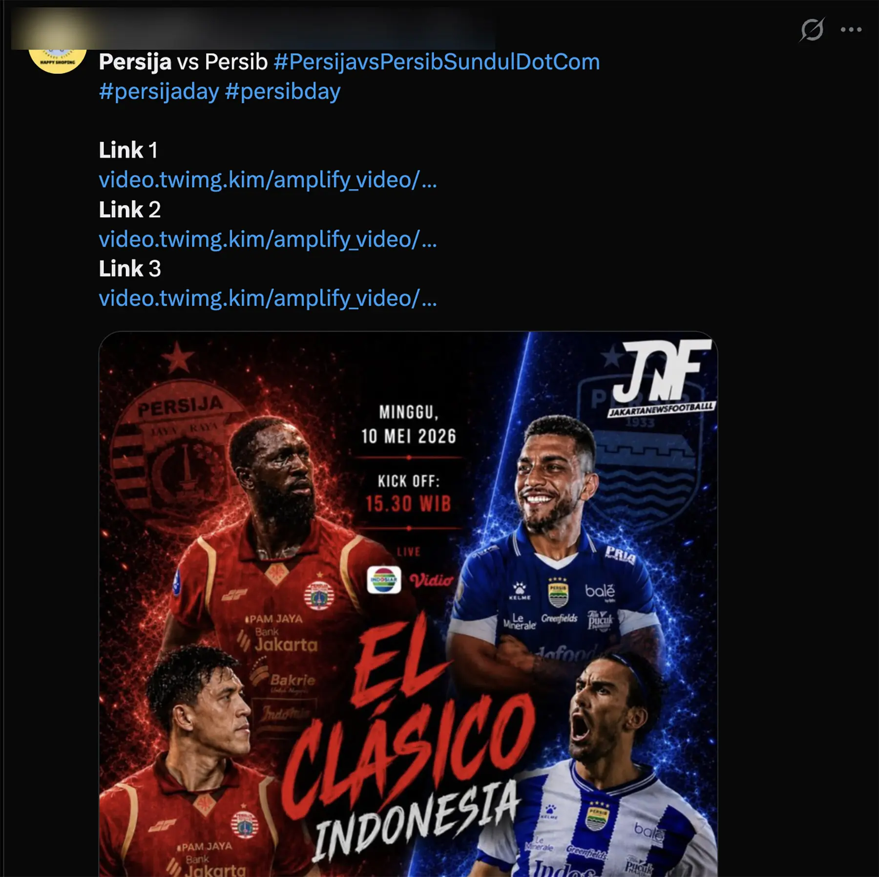 Salah satu contoh link live streaming Persija Jakarta vs Persib Bandung di media sosial. (Tangkapan layar JawaPos.com)