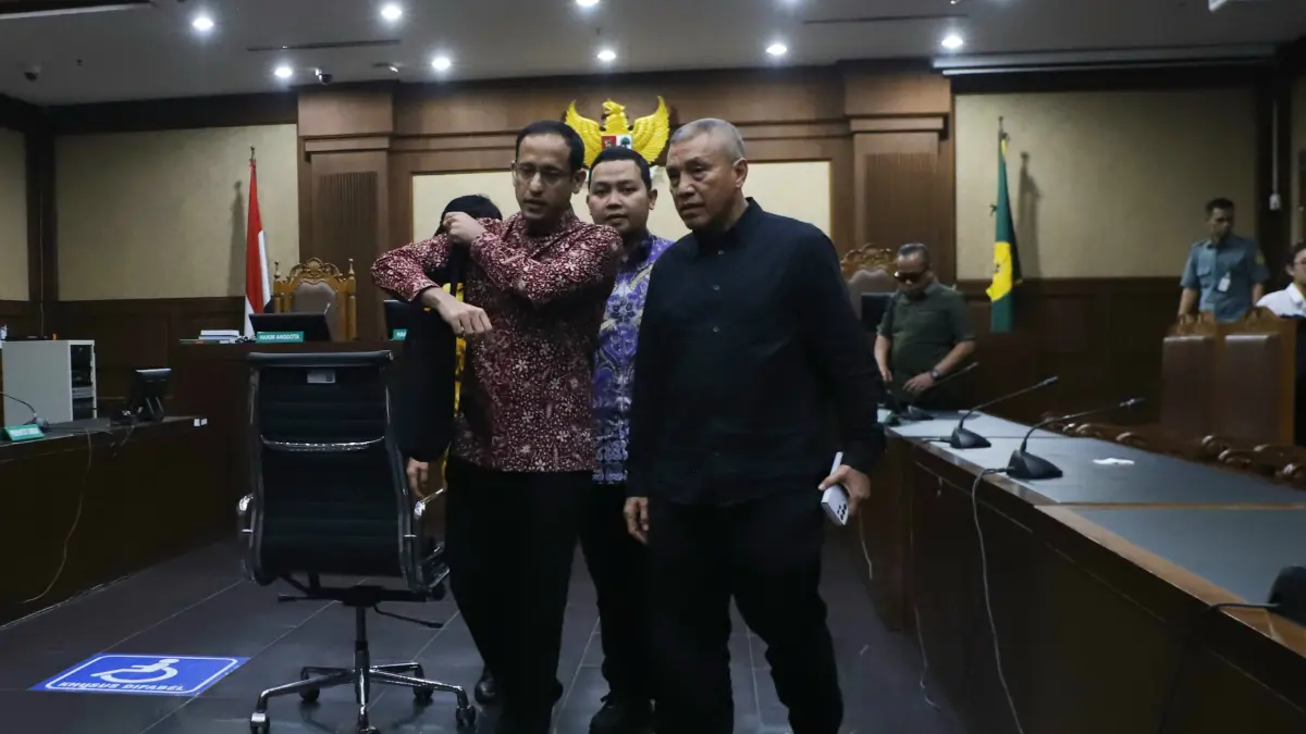 Mantan Mendikbudristek Nadiem Anwar Makarim usai menjalani sidang tuntutan dalam kasus dugaan korupsi pengadaan laptop Chromebook dan Chrome Device Management (CDM) di Pengadilan Tipikor, Jakarta, Rabu (13/5/2026). (Dery Ridwansah/ JawaPos.com)