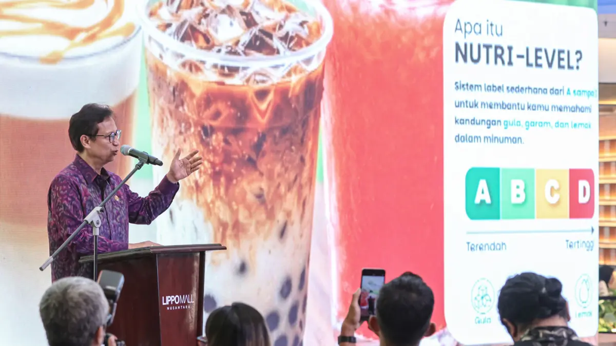 Menteri Kesehatan Republik Indonesia Budi Gunadi Sadikin memberikan sambutan saat penandatangan MoU Nutri-Level pada produk minuman di Lippo Malls Nusantara, Jakarta, Selasa (12/05/2026). (Hanung Hambara/Jawa Pos)