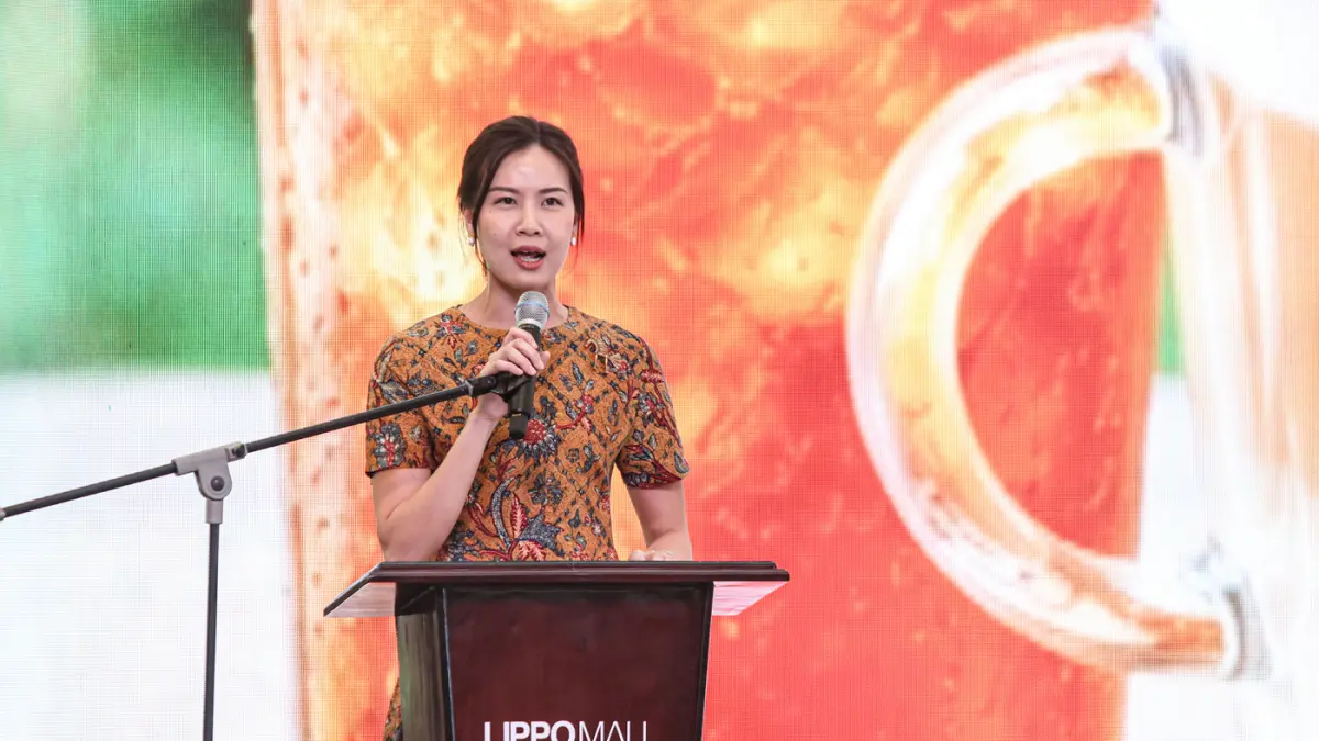 President Universitas Pelita Harapan Stephanie Riady memberikan sambutan saat penandatangan MoU Nutri-Level pada produk minuman di Lippo Malls Nusantara, Jakarta, Selasa (12/05/2026). (Hanung Hambara/Jawa Pos)
