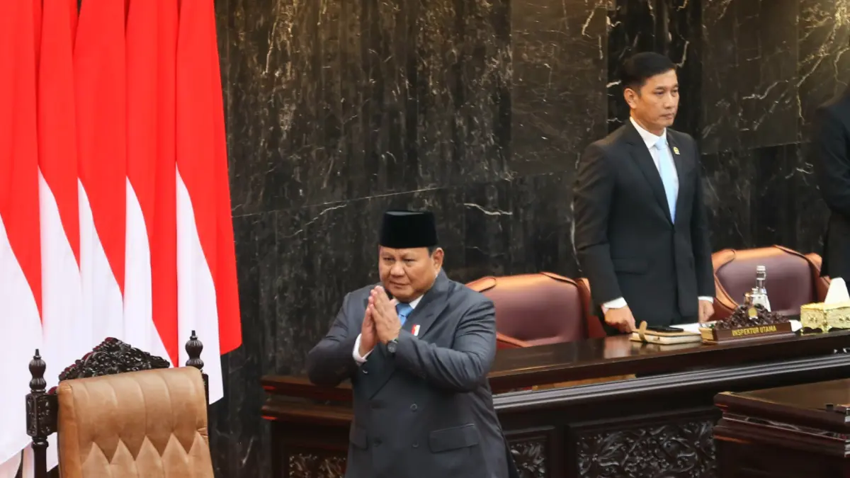 Presiden Prabowo Subianto menyampaikan pidato dalam Rapat Paripurna ke-19 DPR RI Masa Persidangan V Tahun Sidang 2025-2026 di kompleks Parlemen, Jakarta, Rabu (20/5/2026). (Dery Ridwansah/ JawaPos.com)