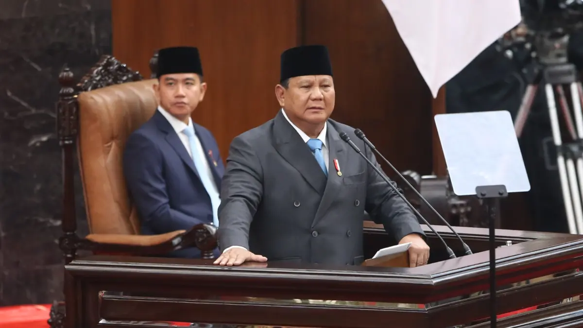 Presiden Prabowo Subianto menyampaikan pidato dalam Rapat Paripurna ke-19 DPR RI Masa Persidangan V Tahun Sidang 2025-2026 di kompleks Parlemen, Jakarta, Rabu (20/5/2026). (Dery Ridwansah/ JawaPos.com)