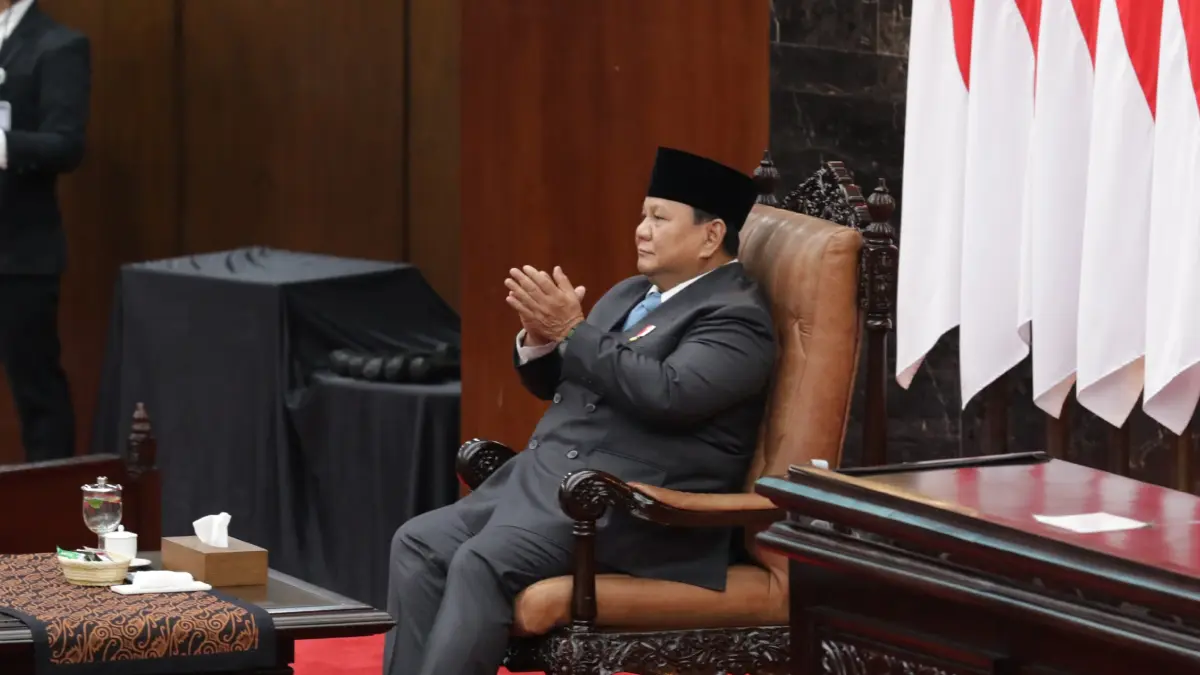 Presiden Prabowo Subianto menyampaikan pidato dalam Rapat Paripurna ke-19 DPR RI Masa Persidangan V Tahun Sidang 2025-2026 di kompleks Parlemen, Jakarta, Rabu (20/5/2026). (Dery Ridwansah/ JawaPos.com)