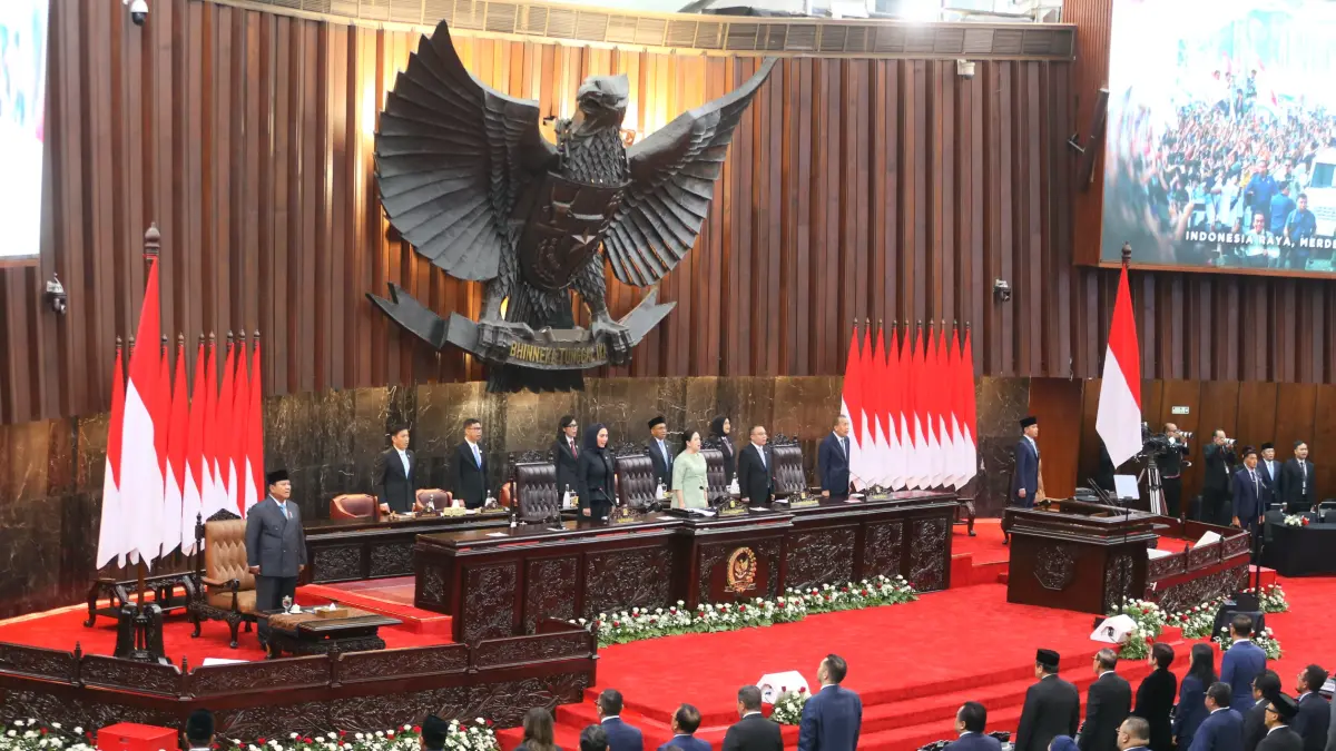 Presiden Prabowo Subianto menyampaikan pidato dalam Rapat Paripurna ke-19 DPR RI Masa Persidangan V Tahun Sidang 2025-2026 di kompleks Parlemen, Jakarta, Rabu (20/5/2026). (Dery Ridwansah/ JawaPos.com)